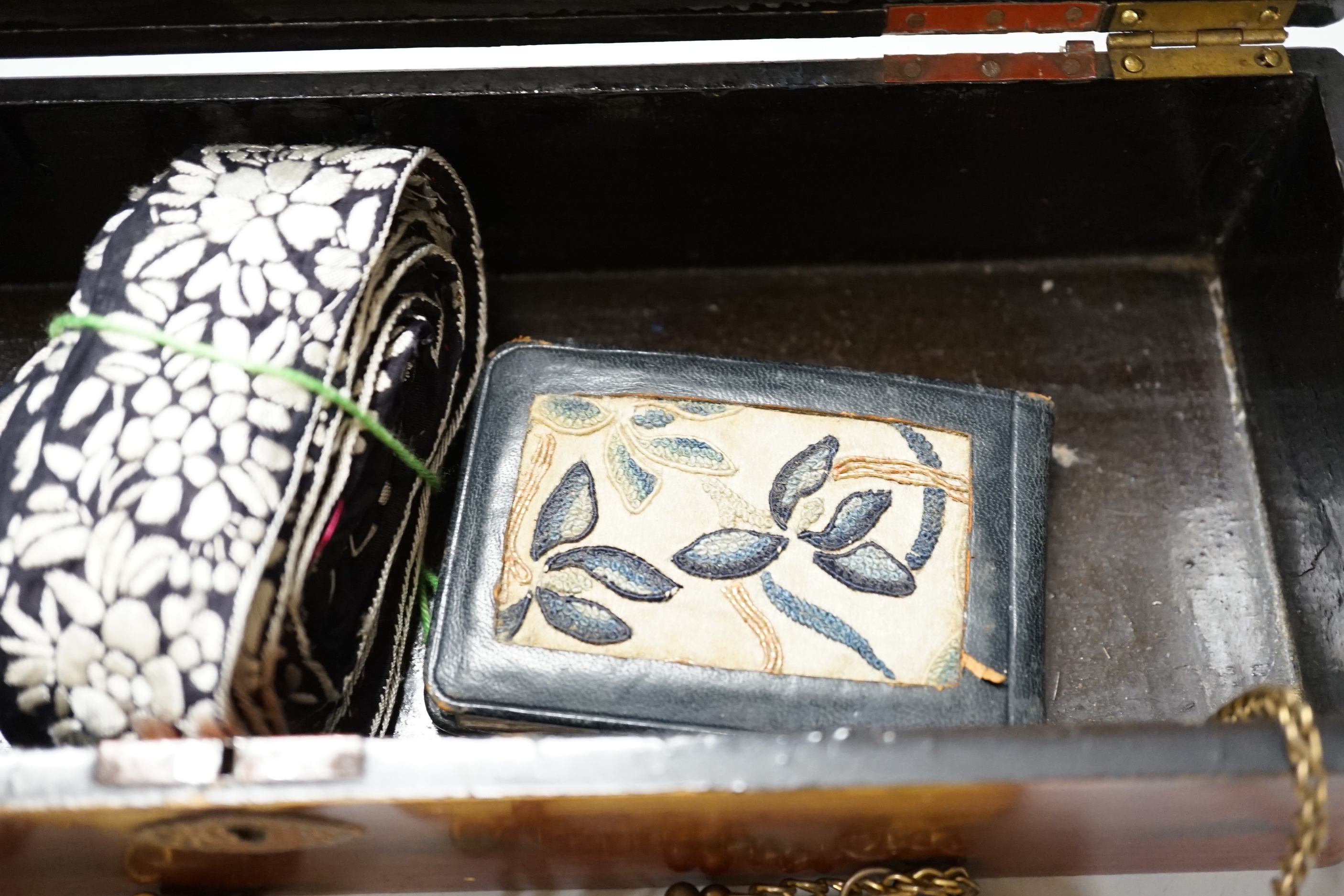 A lacquer box of Chinese embroidered purses and embroideries.